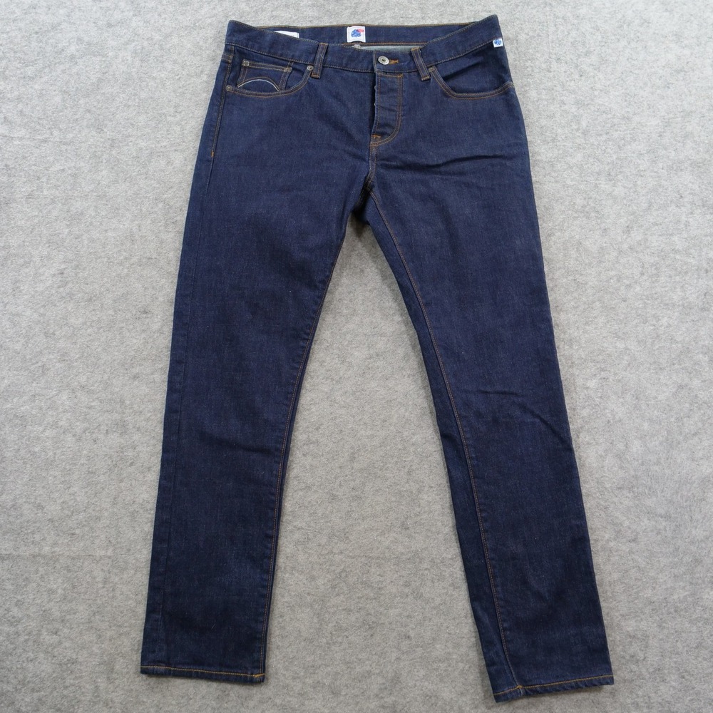 Pretty Green Mens Jeans 34 Blue Castlefield Skinny button Flu Dark Wash Denim